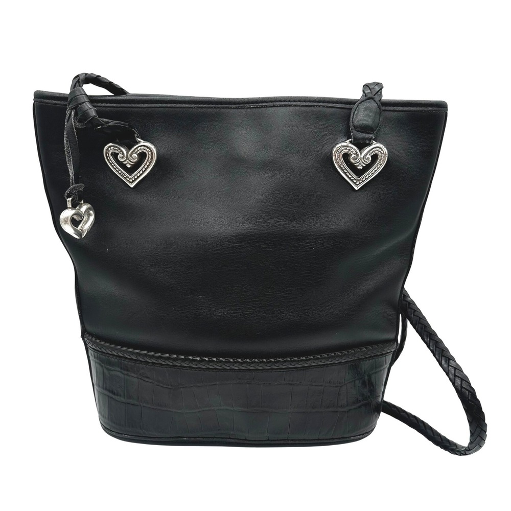 Vintage Y2K Brighton Black Leather Croc Embossed Heart Bucket Shoulder Bag